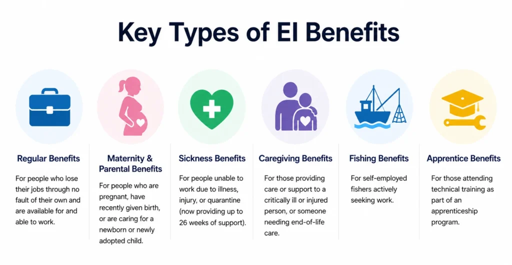Key types of Canada EI benefits including regular, maternity, sickness, caregiving, fishing, and apprentice benefits