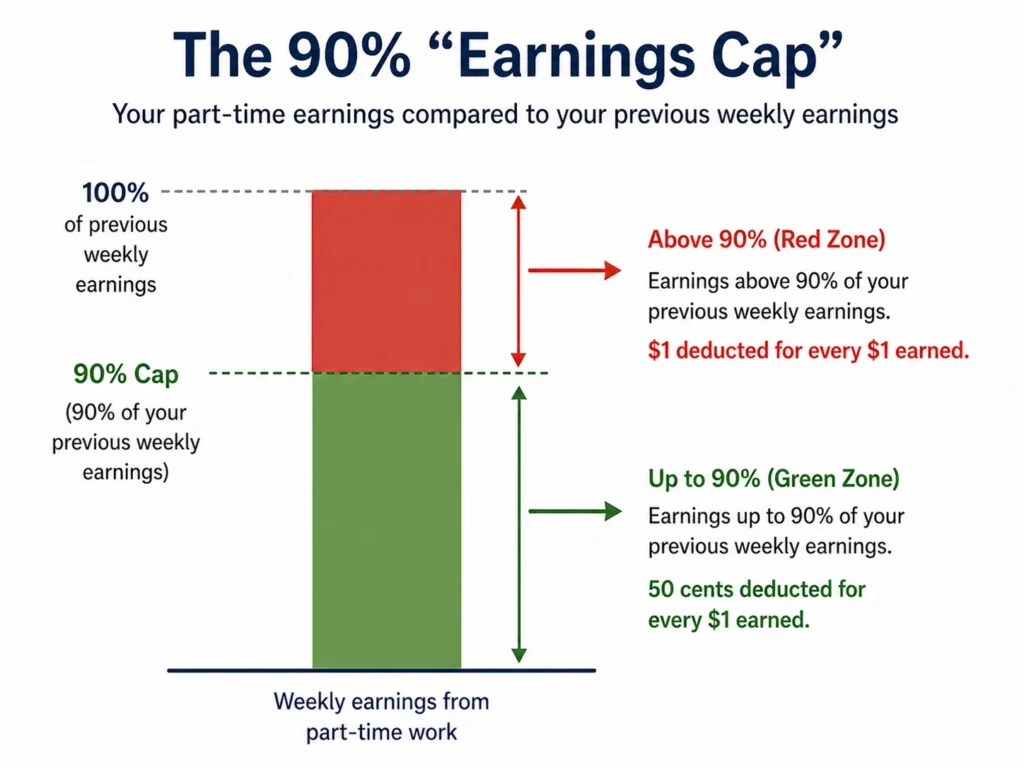 Image explaining the working while on ei (Employment Insurance) claim 90 percent earnings cap and dollar-for-dollar deductions above the threshold in Canada