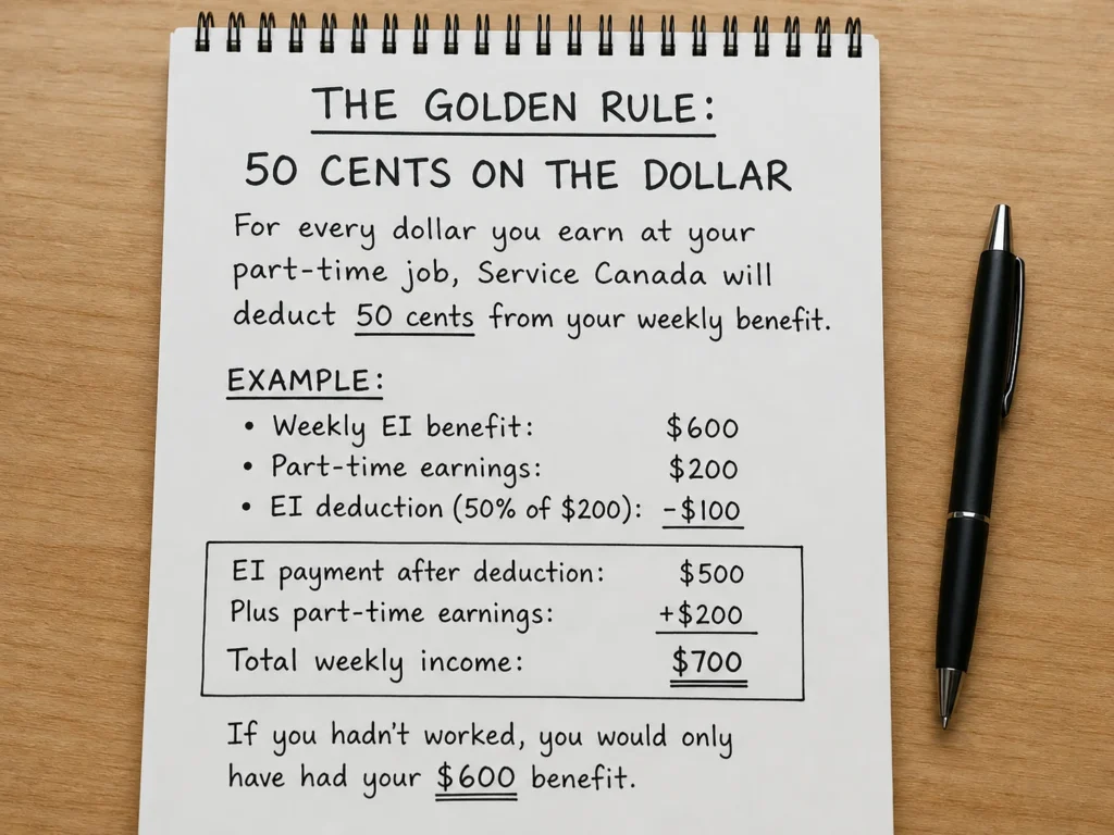 Example of the EI 50 cents on the dollar rule showing how part-time earnings reduce Employment Insurance benefits in Canada